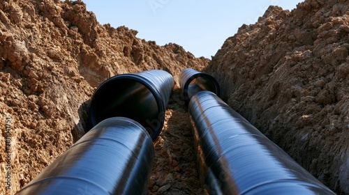Newly Installed Civil Construction Pipes at Construction Site in Excavated Earth