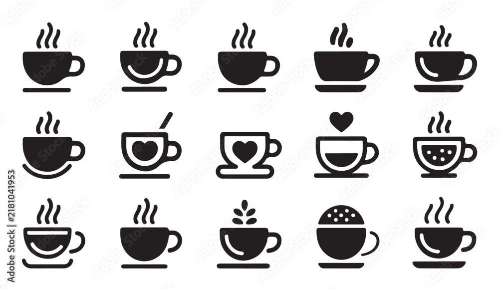 Fototapeta premium Black silhouette coffee cups with steaming hot drinks on transparent background.