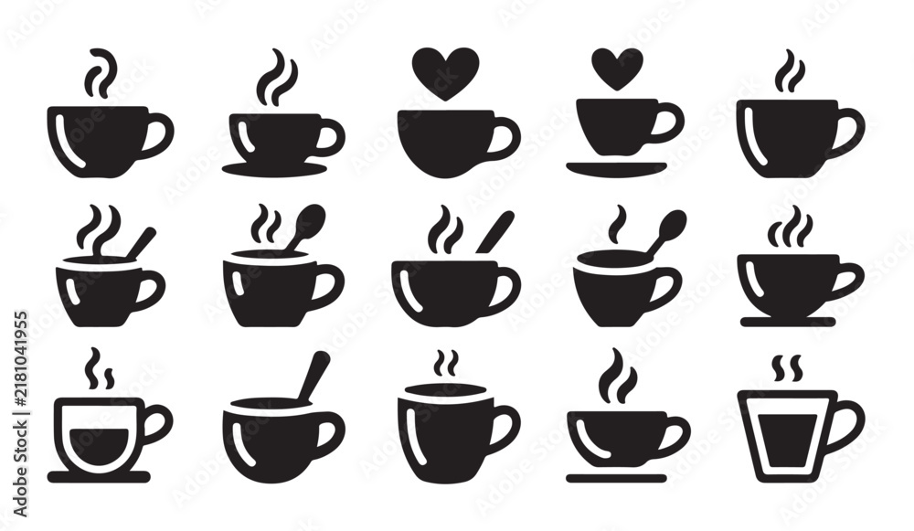 Fototapeta premium Simple black silhouette coffee cups with steam for cafe and breakfast menu design vector.