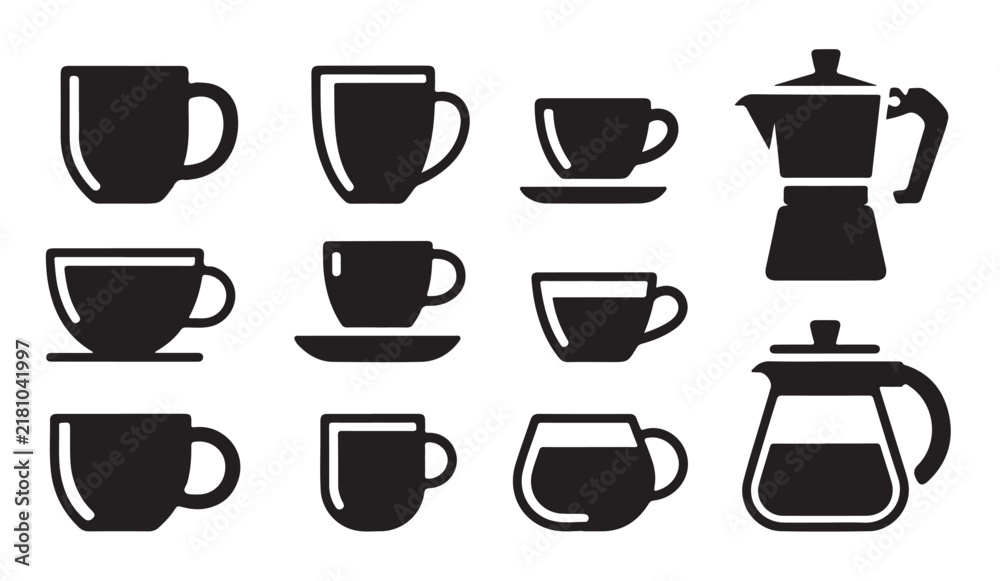 Obraz premium Coffee cups and moka espresso pot silhouette icons set for cafe design and packaging.