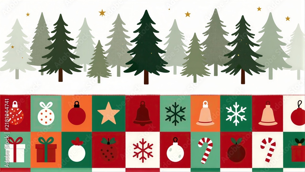 Fototapeta premium Christmas trees and festive ornaments in a colorful, holiday-themed grid design.