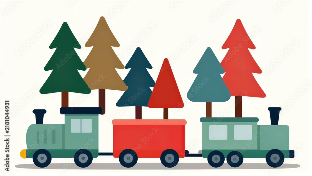 Obraz premium Toy train carries colorful Christmas trees in its carriages.