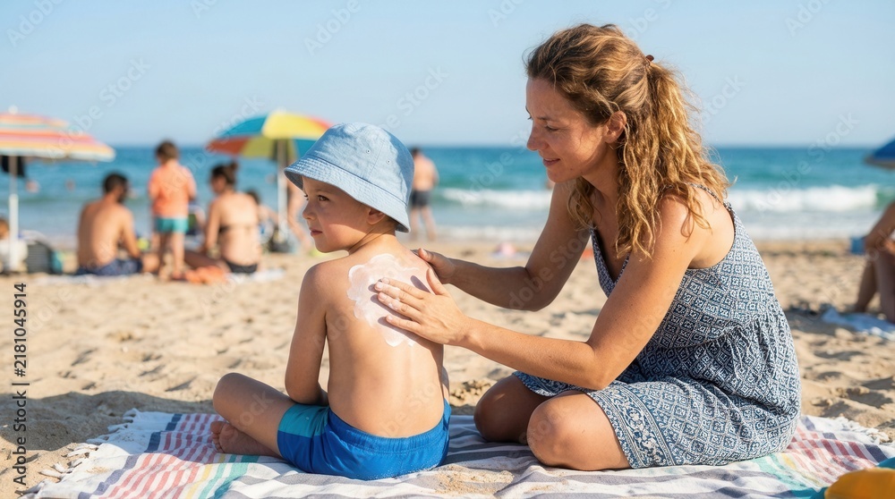 Fototapeta premium Mother Applying Sunscreen To Her Child At The Beach