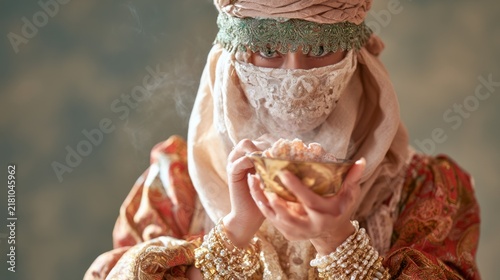 Richly Patterned Portrait of Person in Elaborate Traditional Attire with Decorative Accessories
