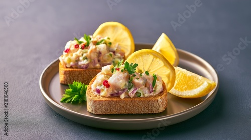 Fresh Seafood Toast with Tender White Fish Served with Lemon Wedges and Garnish