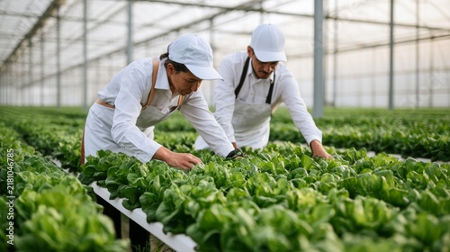 Modern Hydroponic Cultivation Facility with Two Growers Tending to Fresh Leafy Greens in Greenhouse