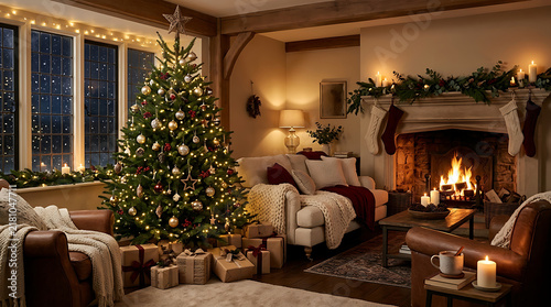 Cozy living room interior with decorated christmas tree and warm fireplace
