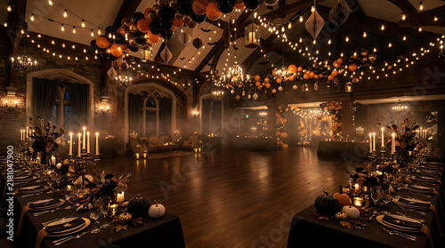 Spooky gothic banquet hall decorated for halloween party with glowing lights