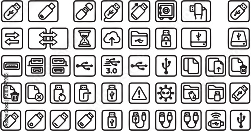 A diverse array of black and white vector icons representing USB ports, flash drives, data synchronization, secure storage, and digital information management for technology and graphic design