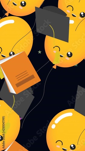 Animation of graduation caps and books over balloons and stars on black background