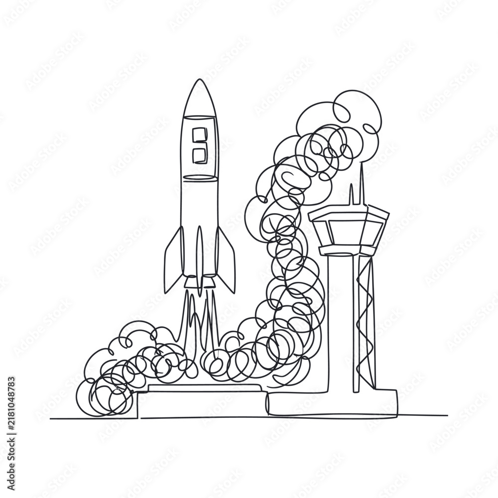 Naklejka premium Dynamic Black and White Line Drawing of a Rocket Launch with Swirling Smoke and Launchpad Structure