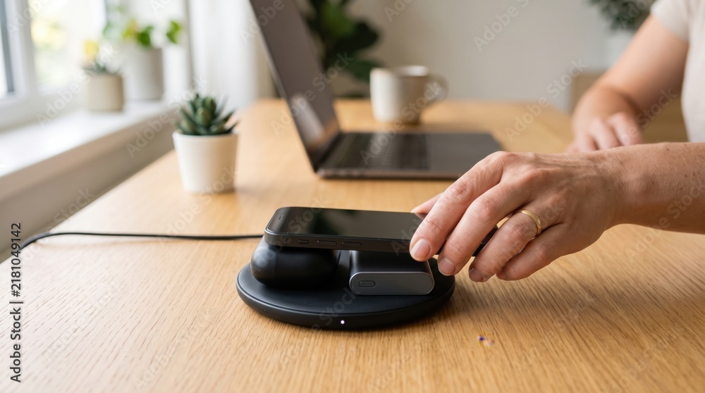 Fototapeta premium Charging station with smartphone and wireless earbuds on a wooden desk next to a laptop