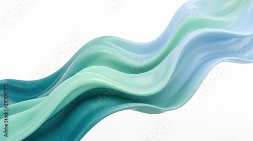 Abstract of smooth fluid waves flowing in gradient teal blue and green colors, liquid silk texture, modern artistic design element for creative projects, glossy surface with soft