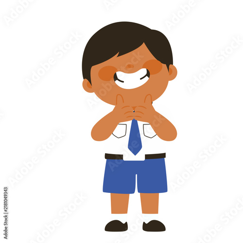 Cute eyeless middle school boy in uniform smiling sweetly with clasped hands.