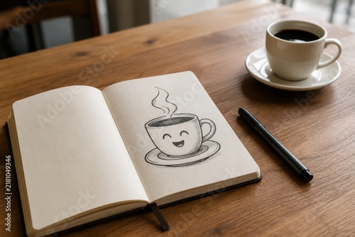 Hand-drawn doodle style coffee cup with steam and happy face