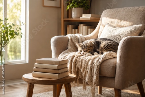 Isometric illustration of cozy reading nook with cat and books