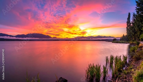 Serene Lake at Vibrant Sunset Hour.