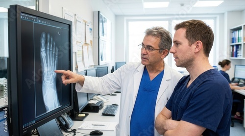 Medical Professionals Reviewing Foot X-Ray Together In Modern Clinic