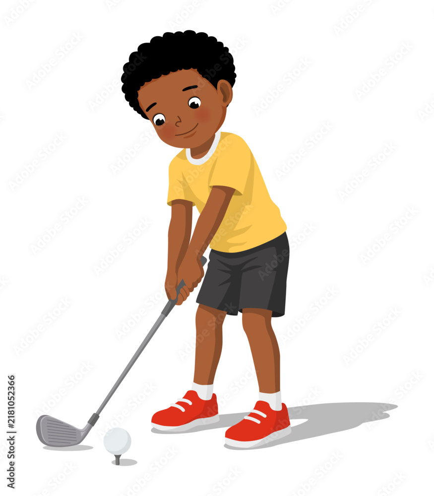 Obraz premium Little African boy playing golf holding golf club to hit the ball isolated on white background 