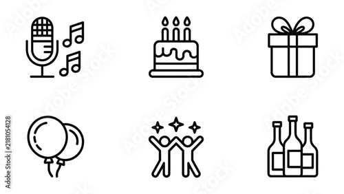 Set of six minimalistic line art icons representing karaoke music birthday celebration gift party balloons dancing bottles