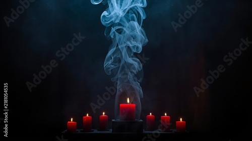 Ethereal smoke rising from lit candles on dark altar with captures dramatic scene swirling smoke ascending seven glowing red candles arranged sleek black surface against deep