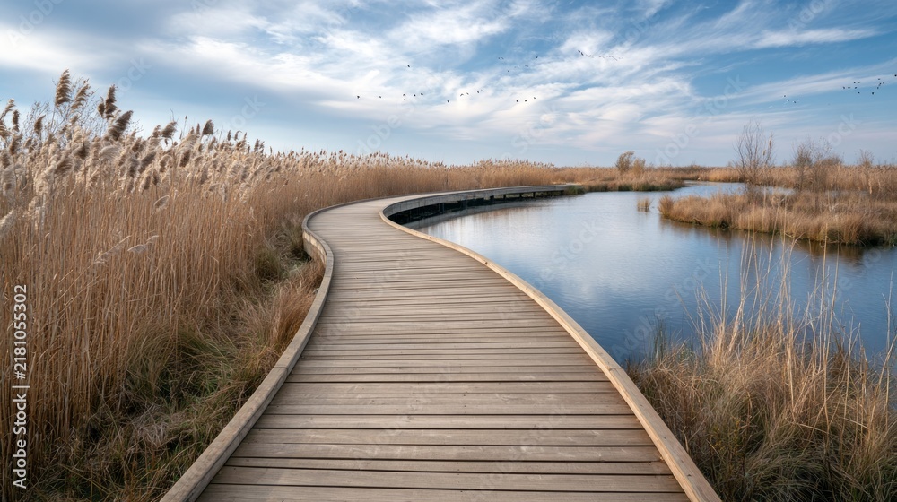 Fototapeta premium Curved Wooden Boardwalk Crossing Through a Peaceful Wetland Landscape Under a Blue Sky