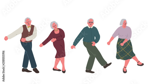 Dancing Senior People. Elderly people. Old Men, Old Women have fun and dance. Positive active people. Vector illustration.