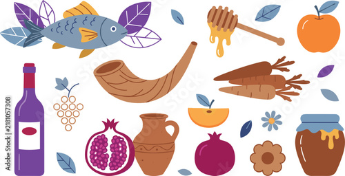 Quadro su tela Rosh Hashanah Jewish New Year traditional holiday food and symbol vector element