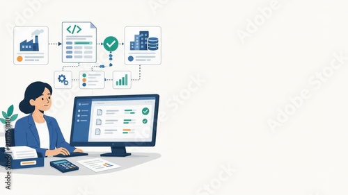 Woman working on computer with electronic invoicing workflow graphics