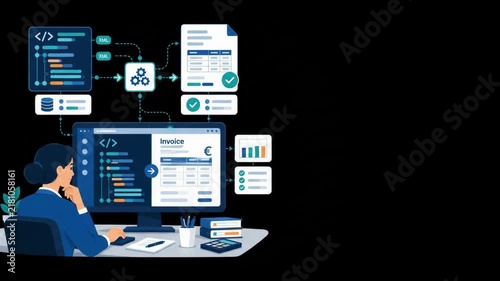 Woman working on computer with data visualization and invoice