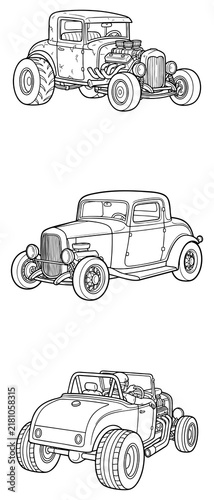 Vintage Hot Rod Coloring Pages: Rusty Classic Cars with Big Engines, Wire Wheels, and Driver