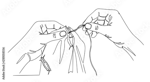 Hands sewing fabric with needle and thread, line art illustration, isolated