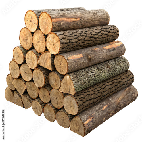 Stacked pile of chopped logs prepared for winter firewood isolated as PNG