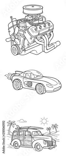 Car Engine and Beach Cars Coloring Pages: V8 Motor, Sports Car, and Woody Wagon with Surfboard