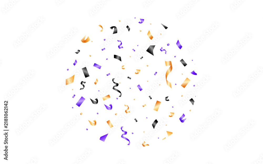 Fototapeta premium Halloween confetti. Bright Halloween wallpaper. Colorful banner with curl notes and falling confetti. Vector party invitation.