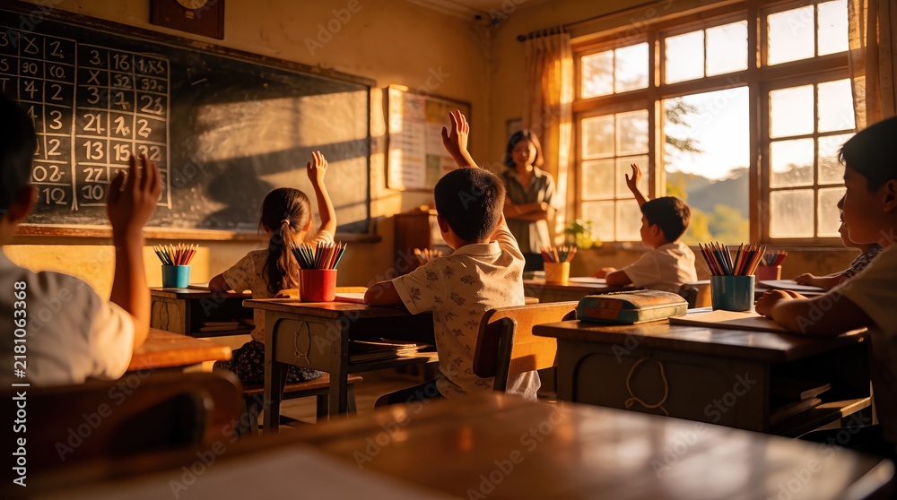 Fototapeta premium Young Students Learning Together in Classroom During Golden Hour Sunlight
