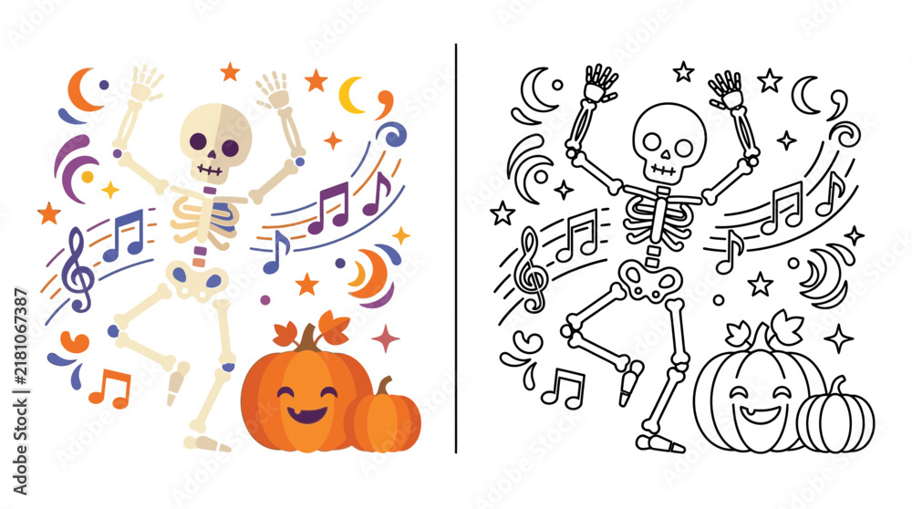 Fototapeta premium Dancing Skeleton and Pumpkins with Music Notes, Halloween Celebration