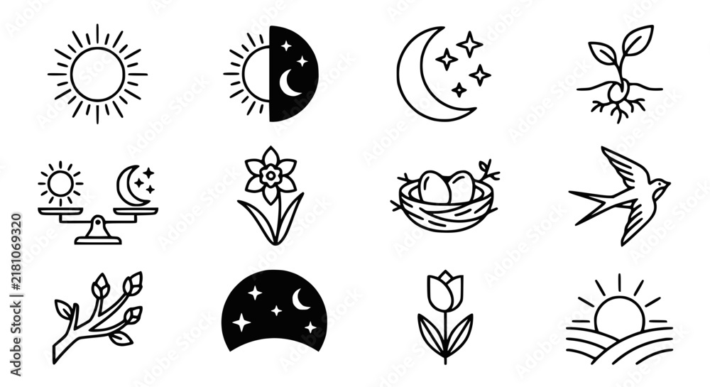 Fototapeta premium Nature Icons Set: Sun, Moon, Stars, Plant, Flower, Bird, Nest, Seasons
