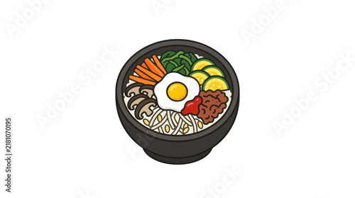Traditional Korean bibimbap bowl illustration with mixed ingredients.