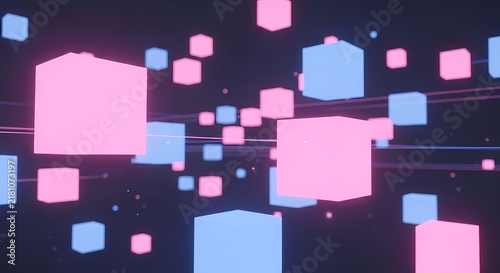 Glowing pink and blue cubes float through a dark digital space filled with energy lines and floating particles creating an immersive cybernetic environment for technology and science projects