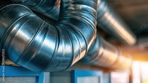 Close-Up View of Industrial Metal Ductwork in Modern HVAC System, Showing Detail of Flexible Pipes and Connection Points in a Commercial Setting
