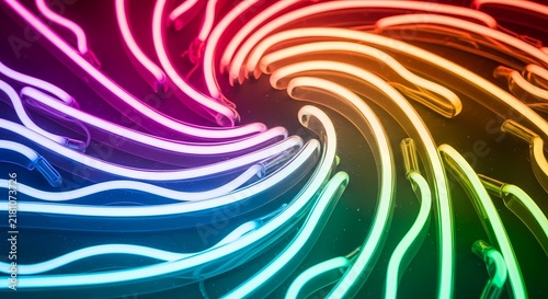 Vibrant neon lights curve in a mesmerizing spiral pattern emitting colorful radiance across the entire dark surface creating a stunning visual display of luminous energy and dynamic motion
