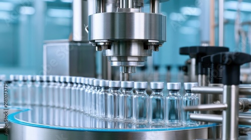 Advanced machinery fills glass vials with precision in a modern pharmaceutical manufacturing facility for vaccine production and biotechnology applications