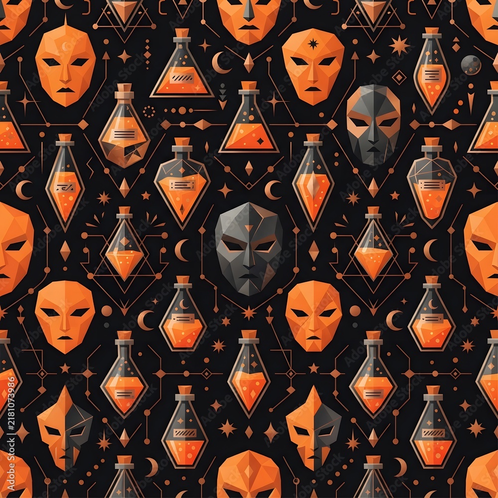 Seamless pattern with magic potion bottles and mysterious masks on a dark background