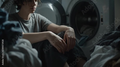 Tired Person Sitting on Floor in Front of Washing Machine. 4K Video