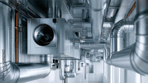 Modern Industrial Ventilation System with Metal Ducts and Air Handling Units in a Ceiling Environment for Commercial Building Applications