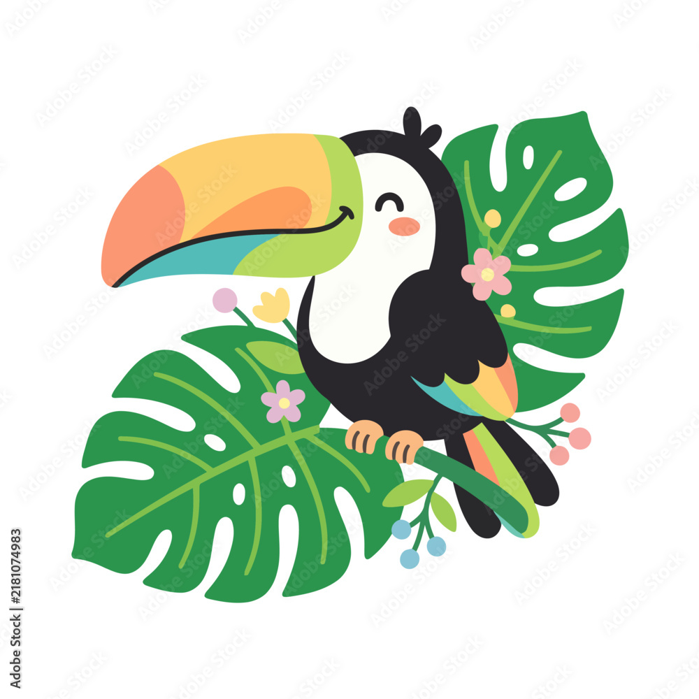 Obraz premium Cute Toucan Bird Sitting on a Branch with Tropical Leaves.