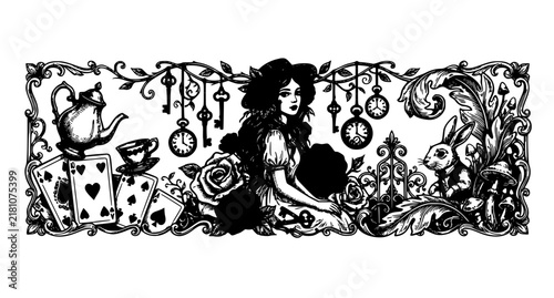 Whimsical Wonderland Girl Roses Keys and Clocks Banner Vector