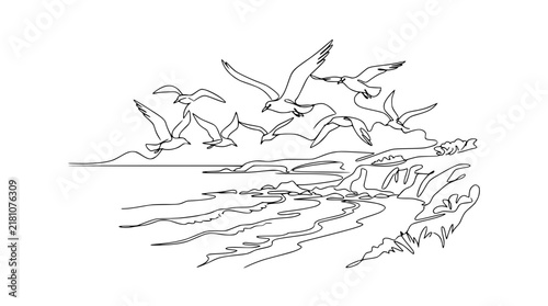 Seagulls Flying Over Ocean Waves, Minimalist Line Art
