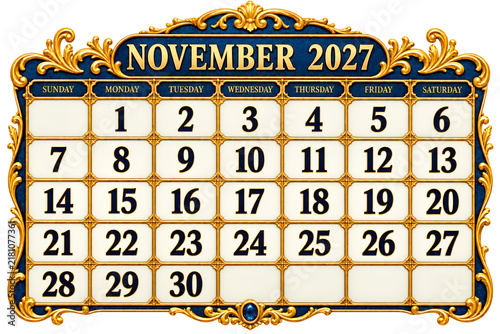 November 2027 Calendar: A decorative calendar displays the month of November 2027 with a rich blue background and ornate gold trim.